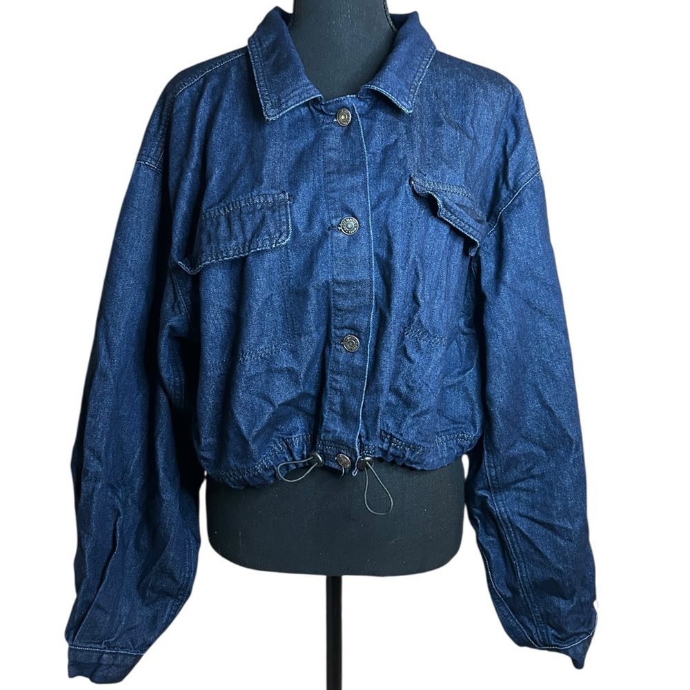 Retro Rustic Hiking Outdoors Glamping Dark Blue Bungee Hem Button Up Jean Jacket